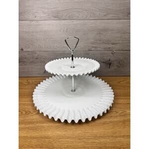 Vintage Fenton Milk Glass Hobnail Ruffled 2-Tier Tidbit Tray 13.25” & 8.5”